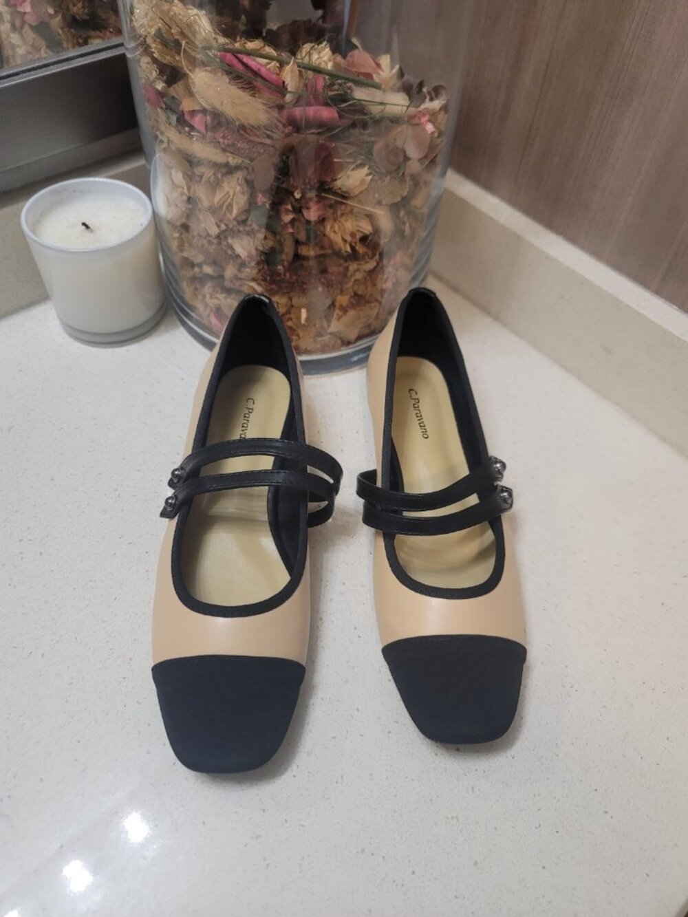 C.Paravano Mary Jane Shoes Flats Square Toe Flats EU 39 Black Beige